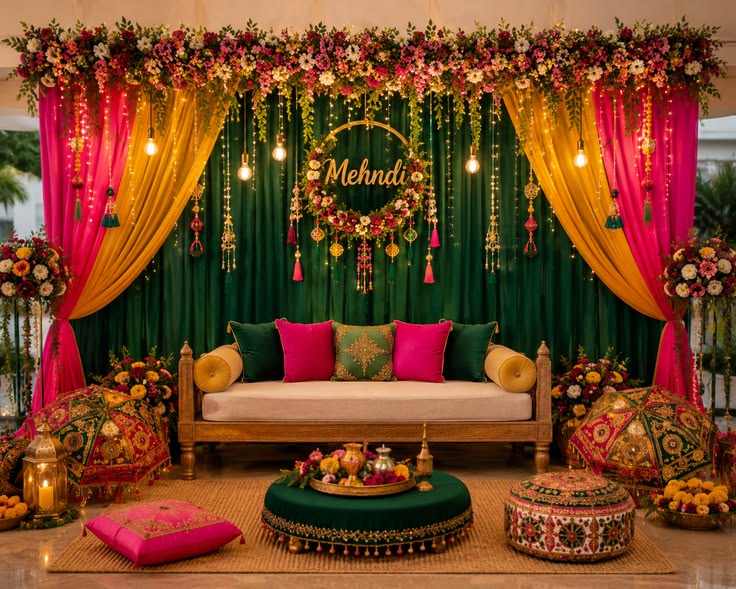 A beautifully decorated Mehndi setup filled with vibrant floral details