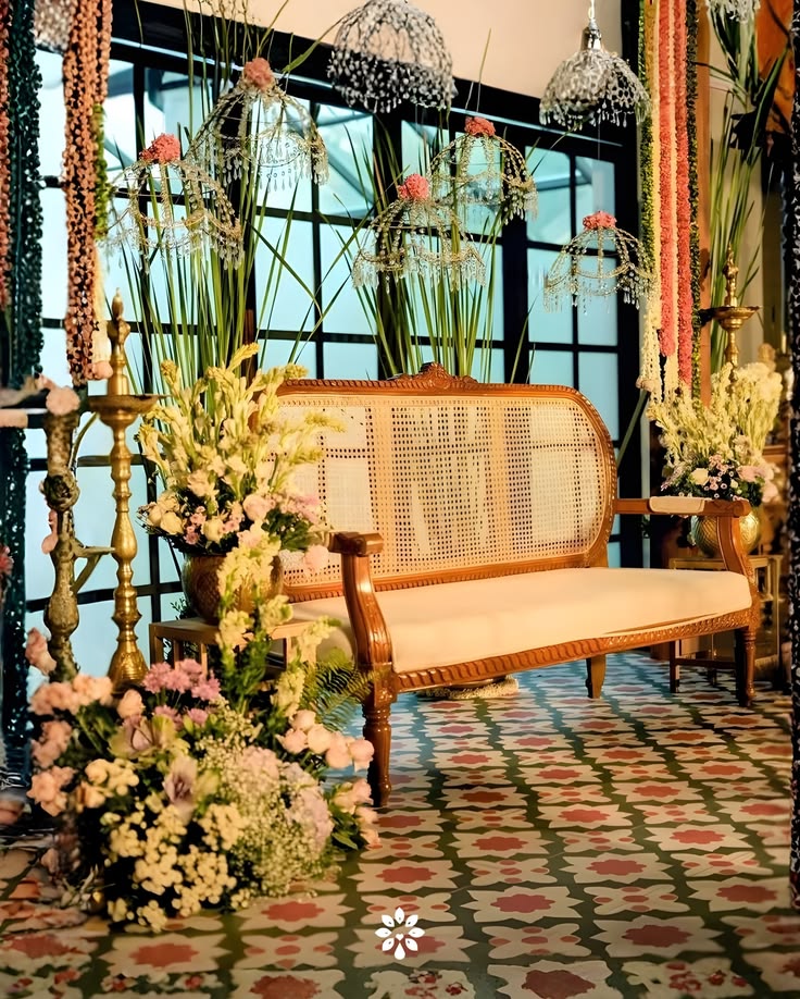 A beautifully decorated roka stage, ready to welcome the couple