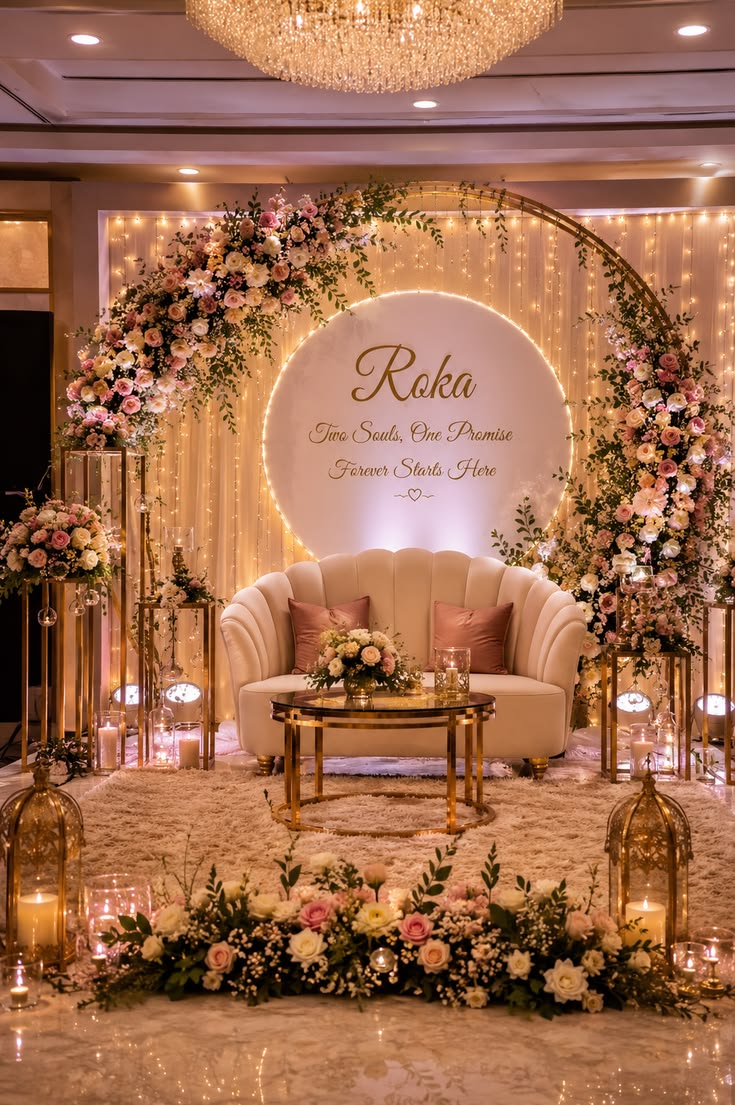 A refined roka stage adorned with delicate décor and warm accents